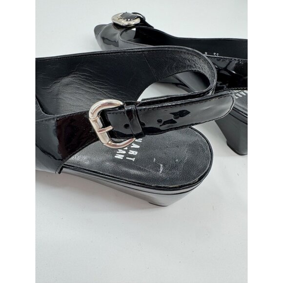 Stuart Weitzman Patent Leather Peep-Toe Slingback Heels Silver Buckle Narrow 8SS - Picture 9 of 10